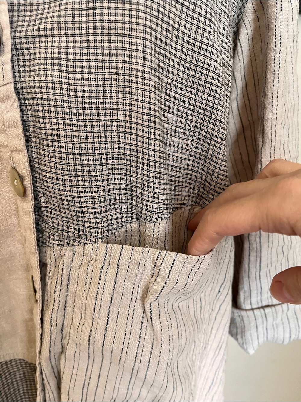 Habitat Cotton/Linen Blend Asymmetrical Patchwork Button-Down Shirt - Picture 6 of 10